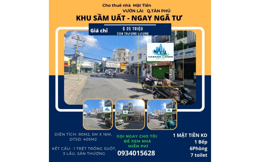 CỰC HIẾM - Cho thuê nhà Mặt Tiền Vườn Lài 90m2, 3Lầu+ST- NGAY NGÃ TƯ